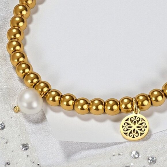 Boho Chic Mandala Pearl Charm Bracelet 18K Gold Plated 316L Stainless Steel - Picture 5 of 10